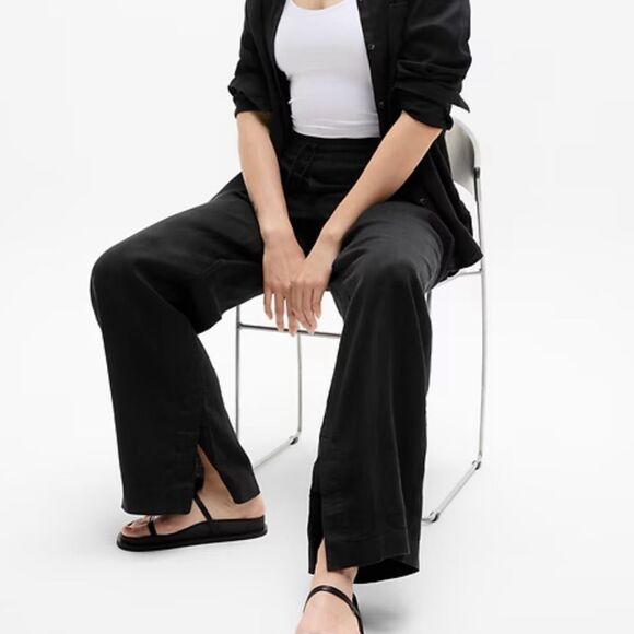 Athleta Retreat Linen High Rise Wide Leg Pants Black Women Large 851038 - Picture 12 of 13